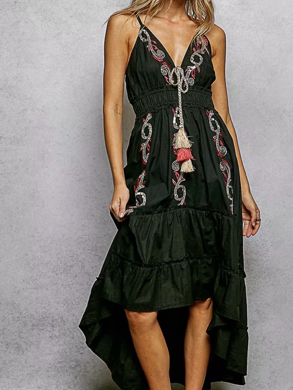 POL Embroidered Detail Tassel Tie Smocked Waist Midi Tierd Cami Dress L
